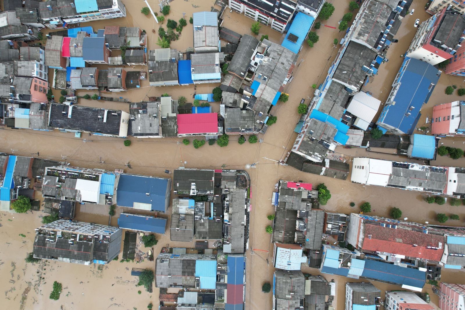 Aerial view shows the flooded town of Liulin following heavy rainfall in Suizhou - VIA REUTERS