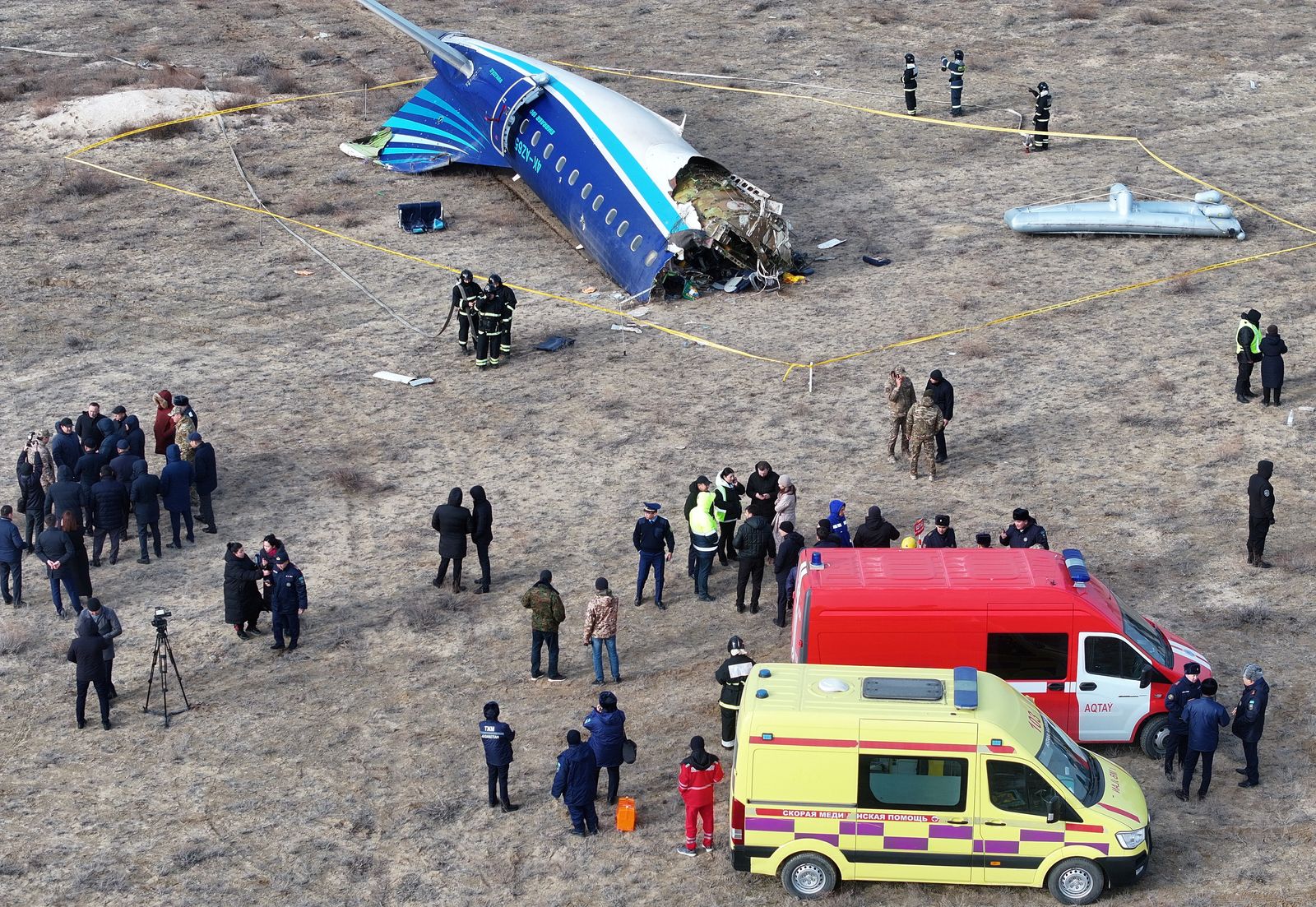 A drone view shows emergency specialists working at the crash site of an Azerbaijan Airlines passenger plane near the city of Aktau, Kazakhstan December 25, 2024. REUTERS/Azamat Sarsenbayev