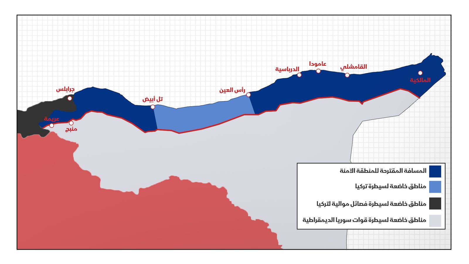 المساحة التي تسعى تركيا إلى إنشاء المنطقة الآمنة بها. - الشرق