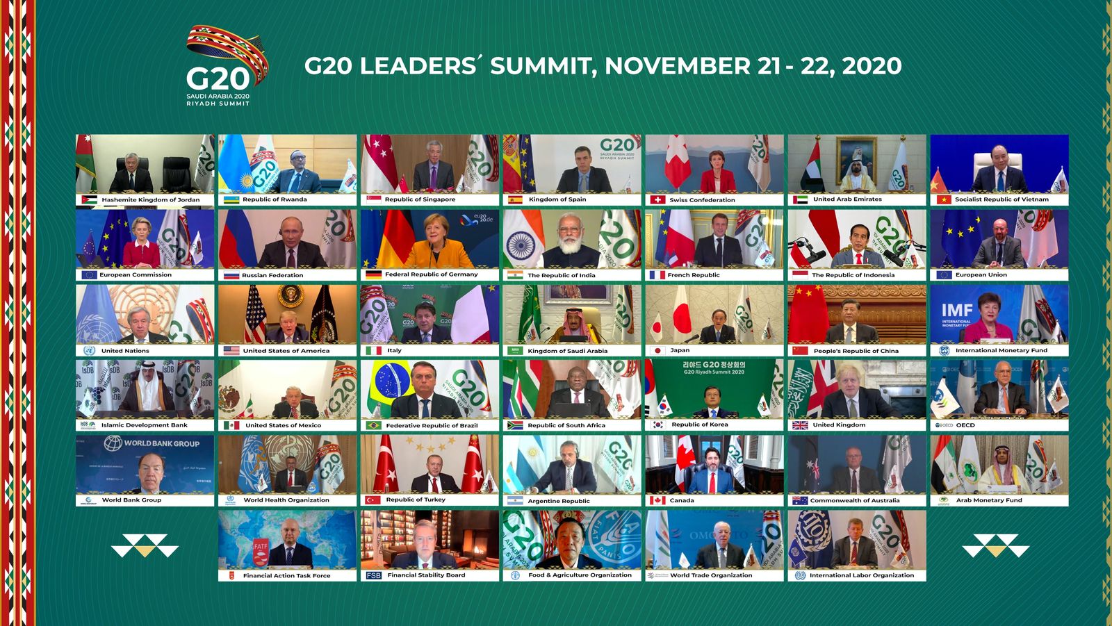 صورة جماعية لقمة القادة في مجموعة العشرين بالرياض، المنعقدة عبر تقنية الاتصال المرئي، 21 نوفمبر 2020 - G20 Saudi Arabia