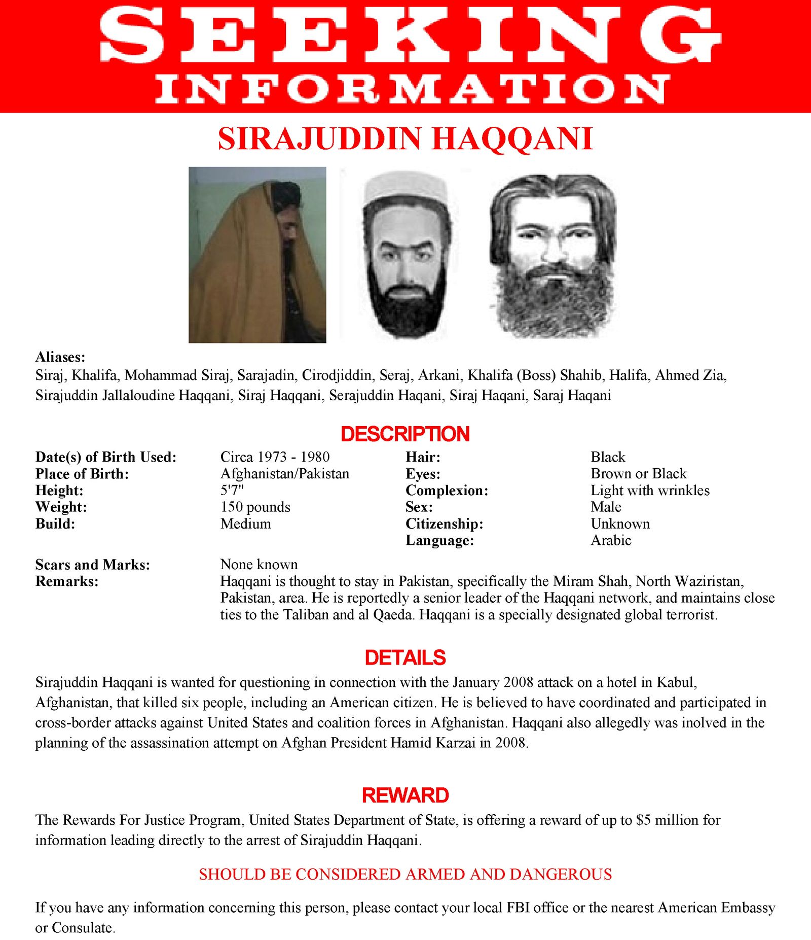 ملصق أصدره مكتب التحقيقات الفيدرالي الأميركي (إف بي آي) لاعتقال سراج الدين حقاني - REUTERS
