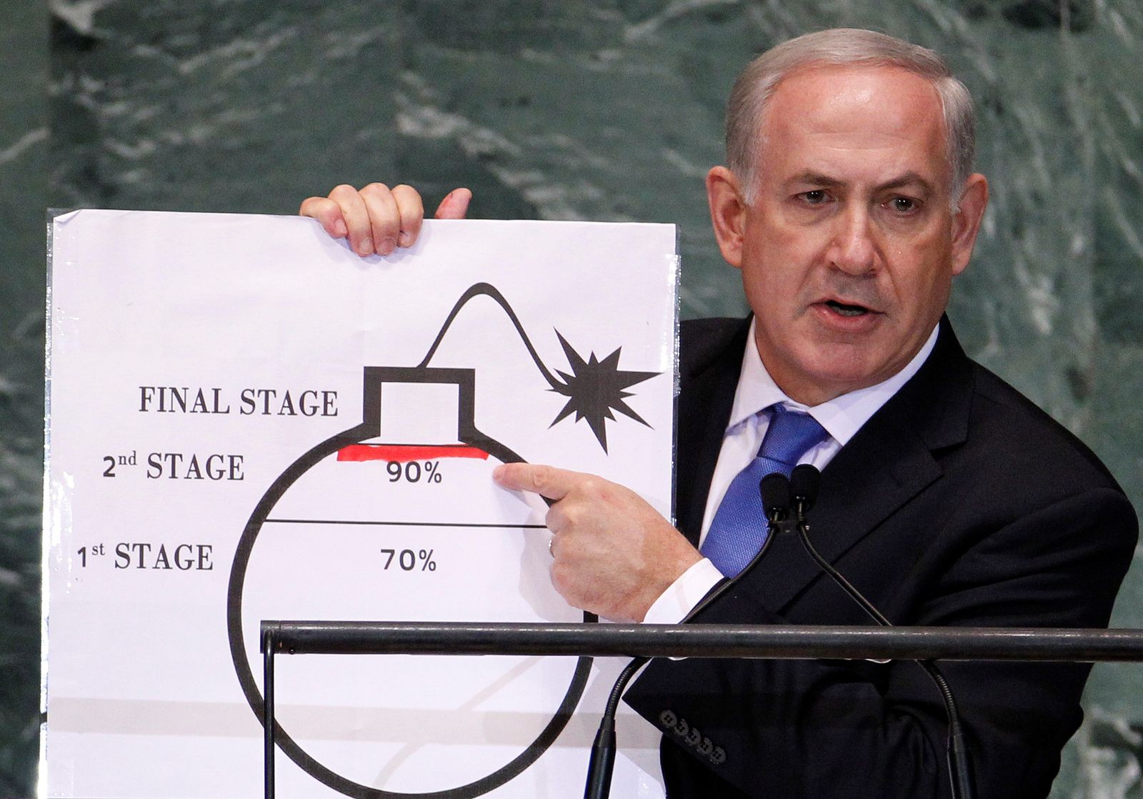  رئيس الوزراء الإسرائيلي بنيامين نتنياهو يشير إلى خط أحمر رسمه على رسم قنبلة لتمثيل برنامج إيران النووي أثناء خطابه أمام الجمعية العامة للأمم المتحدة، نيويورك، سبتمبر 2012 - REUTERS