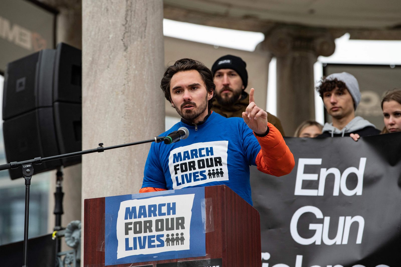 Parkland school shooting survivor David Hogg speaks during an anti-gun violence rally in Boston, Massachusetts, on March 25, 2023. - The rally was organized by the Stand For A Safer Tomorrow, a student led gun violence prevention and awareness organization. (Photo by Joseph Prezioso / AFP)