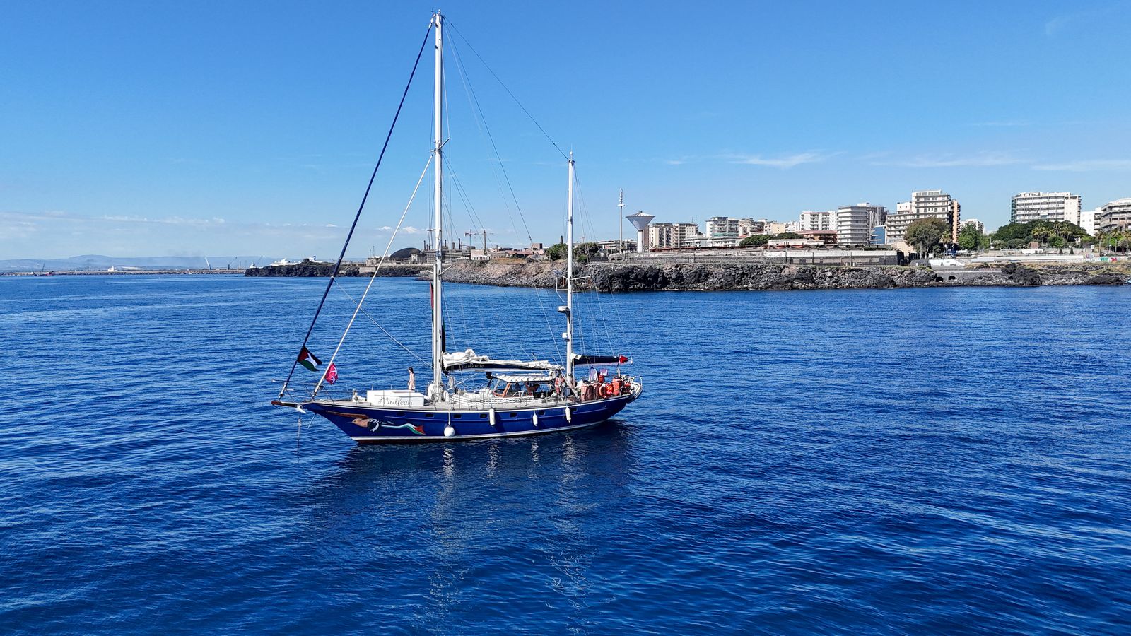 A drone view shows the Gaza-bound aid ship Madleen, organized by the international NGO Freedom Flotilla Coalition, anchored off the coast of Catania, Italy, on June 1, 2025. REUTERS/Danilo Arnone
