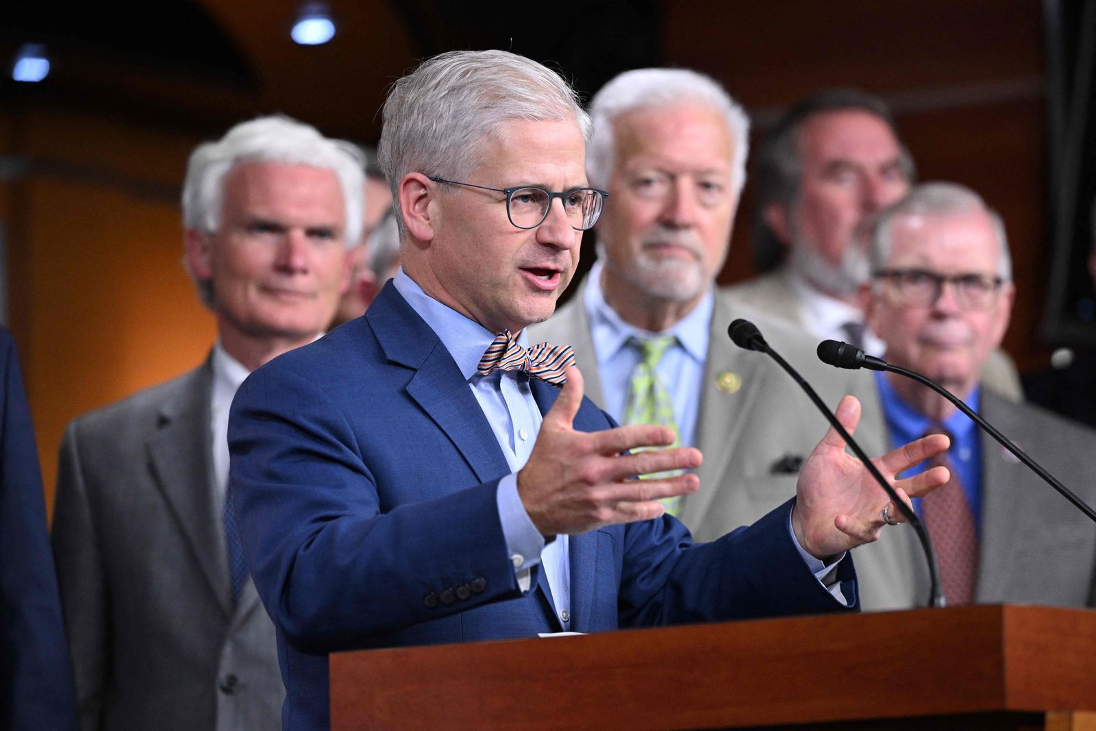 US Representative Patrick McHenry (C) speaks following a meeting on the Fiscal Responsibility Act in the House Visitors Center Studio of the US Capitol in Washington, DC on May 30, 2023. (Photo by Mandel NGAN / AFP)