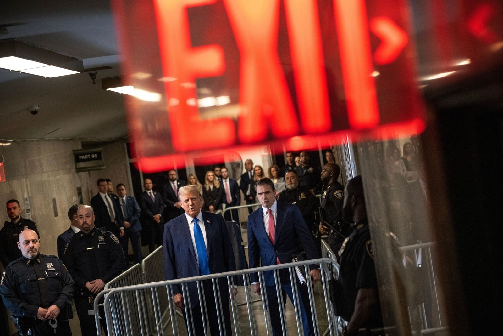Former US President Donald Trump, center left, and Todd Blanche, attorney for former US President Donald Trump, center right, at Manhattan criminal court in New York, US, on Monday, April 22, 2024. Trump faces 34 felony counts of falsifying business records as part of an alleged scheme to silence claims of extramarital sexual encounters during his 2016 presidential campaign. Photographer: Victor J. Blue/The Washington Post/Bloomberg