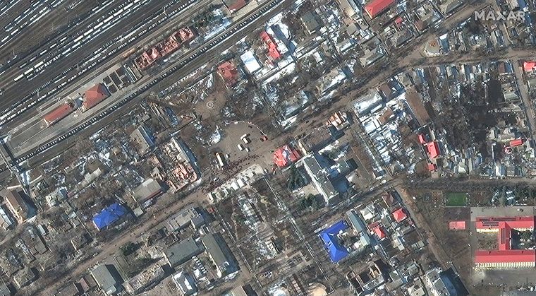 مباني مدمرة في مدينة فولنوفاخا جنوب شرق أوكرانيا -  (Maxar Technologies)
