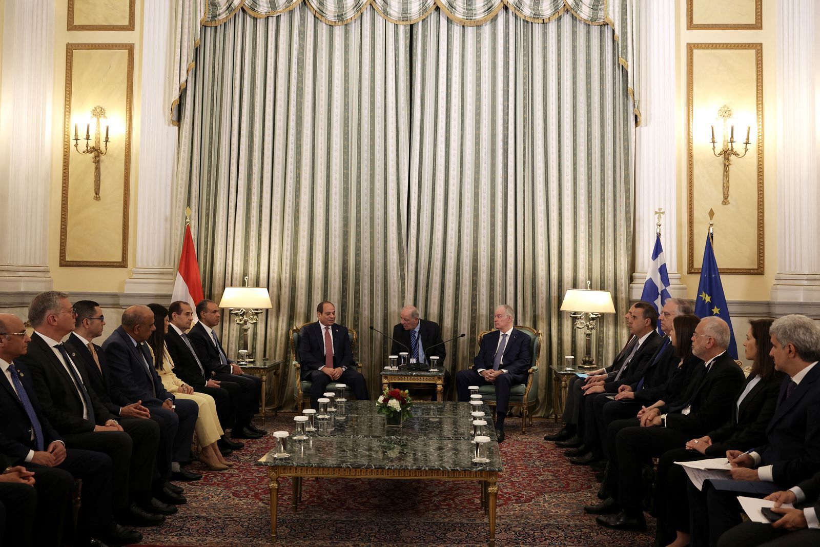 Egypt's President Abdel Fattah al-Sisi talks with Greek President Konstantinos Tassoulas at the Presidential Palace, in Athens, Greece, May 7, 2025. REUTERS/Louiza Vradi