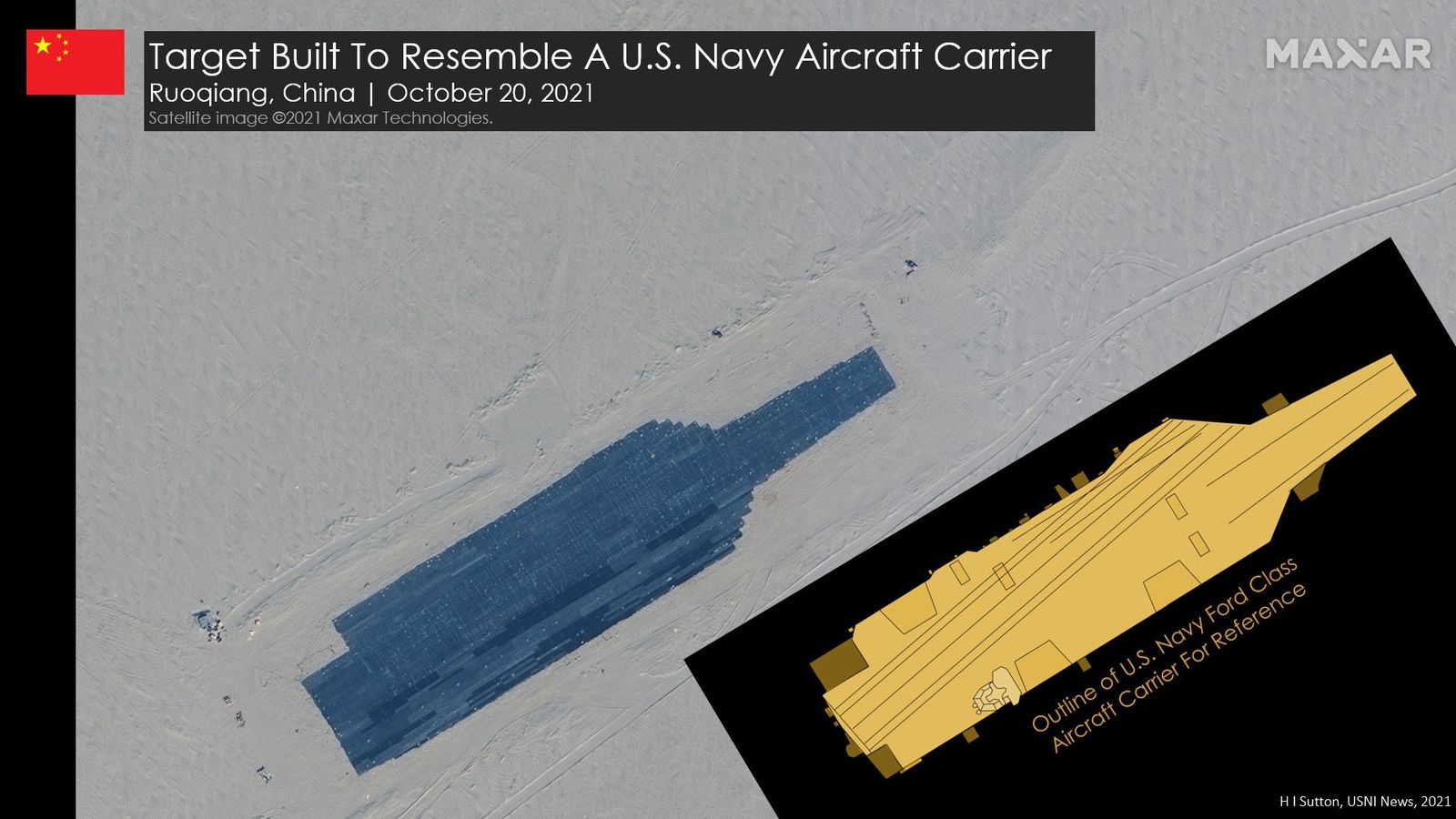 صورة التقطت بواسطة الأقمار الصناعية لهدف على شكل حاملة طائرات أميركية في صحراء تاكلامكان وسط الصين في 20 أكتوبر 2021. - https://news.usni.org/