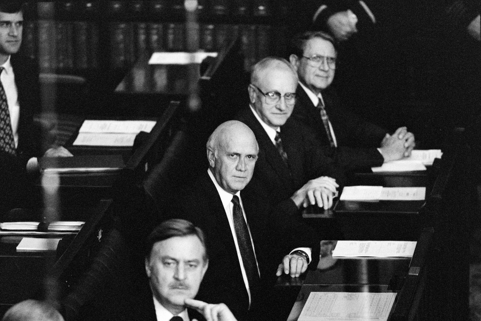(FILES) In this file photo taken on December 22, 1993 State President of South Africa Frederik Willem de Klerk (C) listens in Cape Town during the last 
