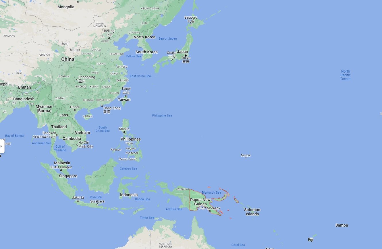 خريطة تظهر موقع بابوا غينيا الجديدة وجزر سليمان والصين  - googlemaps