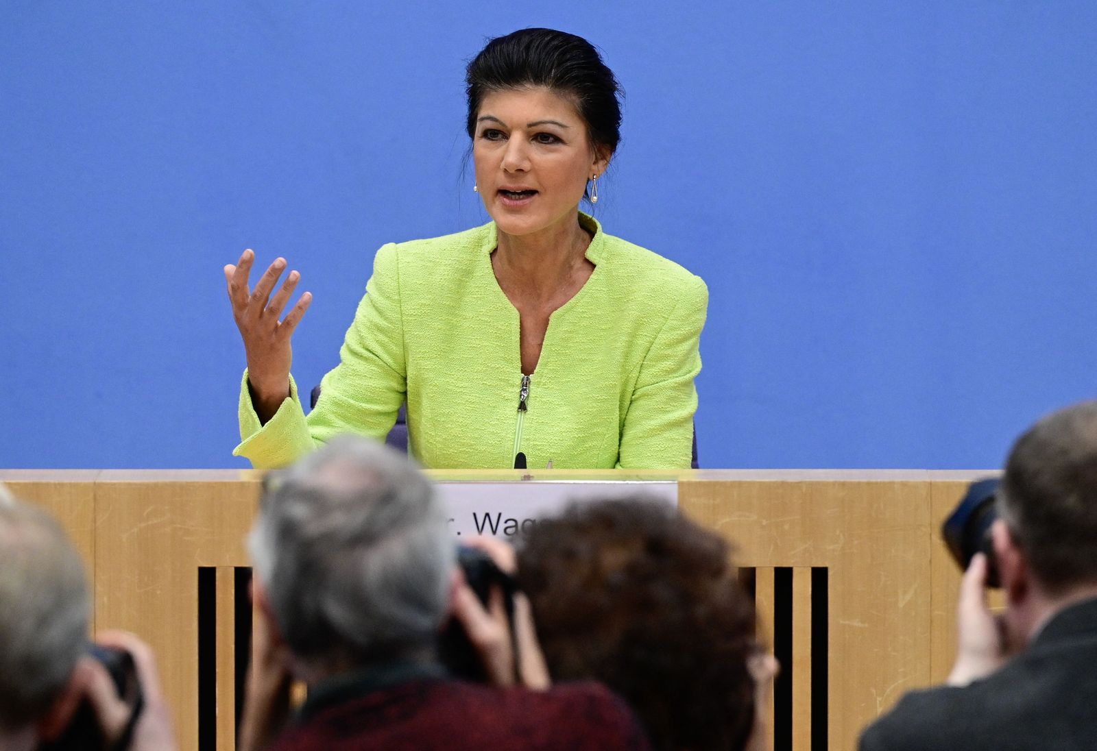 Sahra Wagenknecht, politician of Germany's left-wing Die Linke party, addresses a press conference about her planned foundation of a new party, on October 23, 2023 in Berlin. Wagenknecht presented her new association, called BSW for 'B�ndnis Sahra Wagenknecht' (Sahra Wagenknecht Alliance), conceived as the first step towards the creation of a party, probably early next year. (Photo by John MACDOUGALL / AFP)