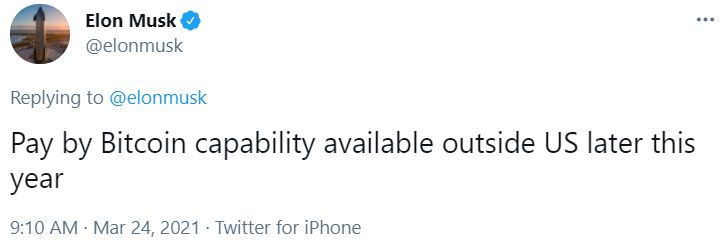 تغريدة إعلان إيلون ماسك عن قبول شركته تيسلا للدفع بعملات البتكوين عند شراء سياراتها خارج الولايات المتحدة نهاية العام - تويتر