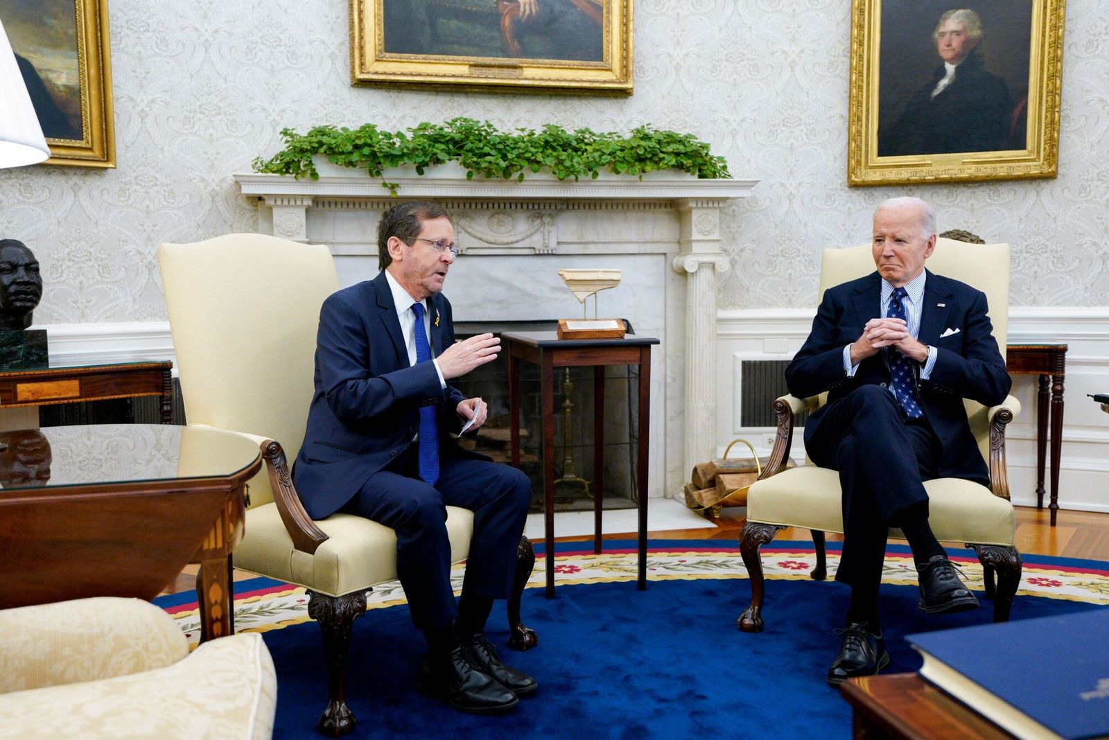 US President Joe Biden, right, and Isaac Herzog, Israel's president, during a meeting in the Oval Office of the White House in Washington, DC, US, on Tuesday, Nov. 12, 2024. US President-elect Donald Trump�s choice of three ardently pro-Israel lawmakers for top foreign-policy jobs underscores that his focus will be on heightening support for Israel and boxing in Iran once he takes office. Photographer: Yuri Gripas/Abaca/Bloomberg