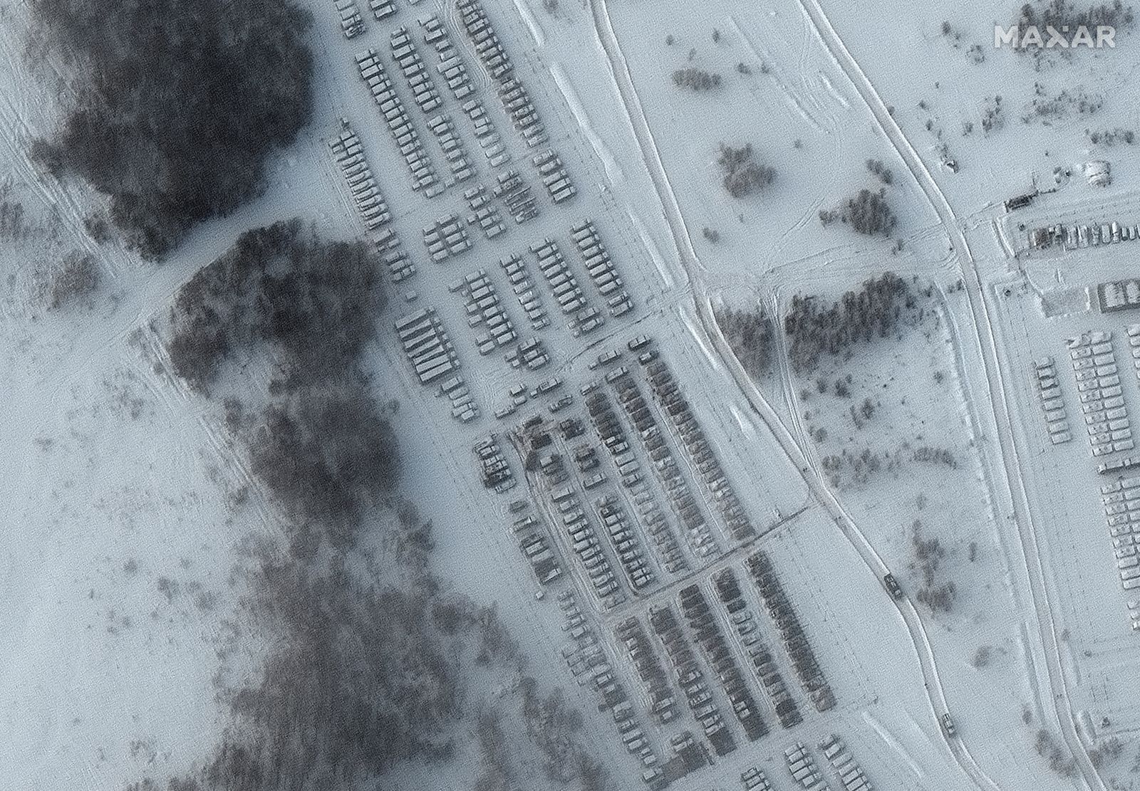 A closer view of tanks and support equipment in Yelnya, Russia is seen in this Maxar satellite image taken on January 19, 2022 - via REUTERS