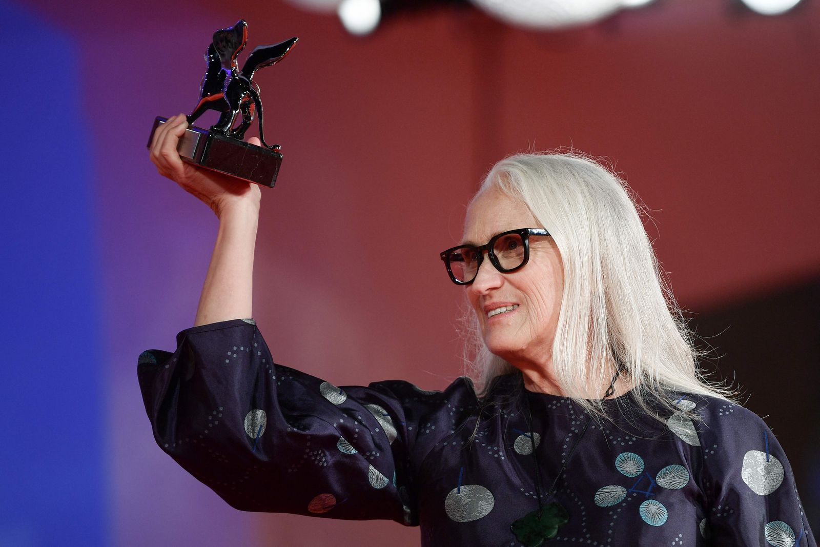 New Zealand director Jane Campion poses with the Silver Lion for Best Director she received for 