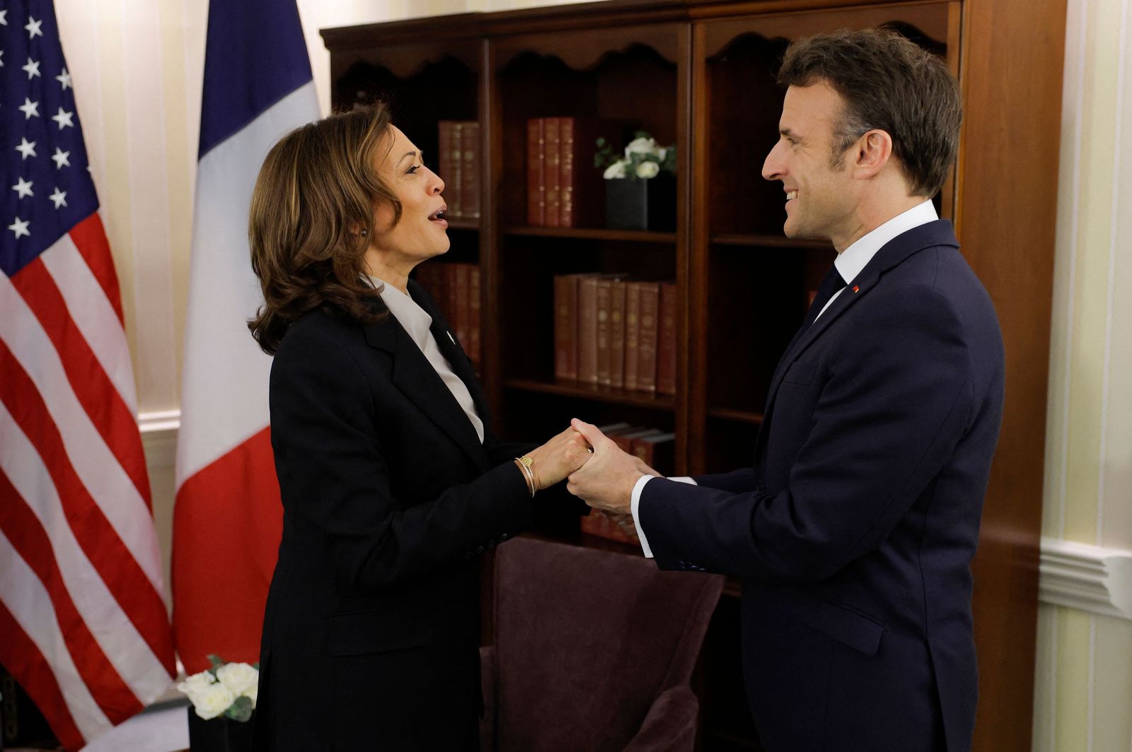 US Vice President Kamala Harris (L) welcomes French President Emmanuel Macron for a meeting at the Munich Security Conference (MSC) in Munich, southern Germany, on February 17, 2023. - The Munich Security Conference running from February 17 to 19, 2023 brings world leaders together ahead of the first anniversary of Russia's invasion of Ukraine as Kyiv steps up pleas for more weapons. (Photo by Odd ANDERSEN / AFP) - AFP