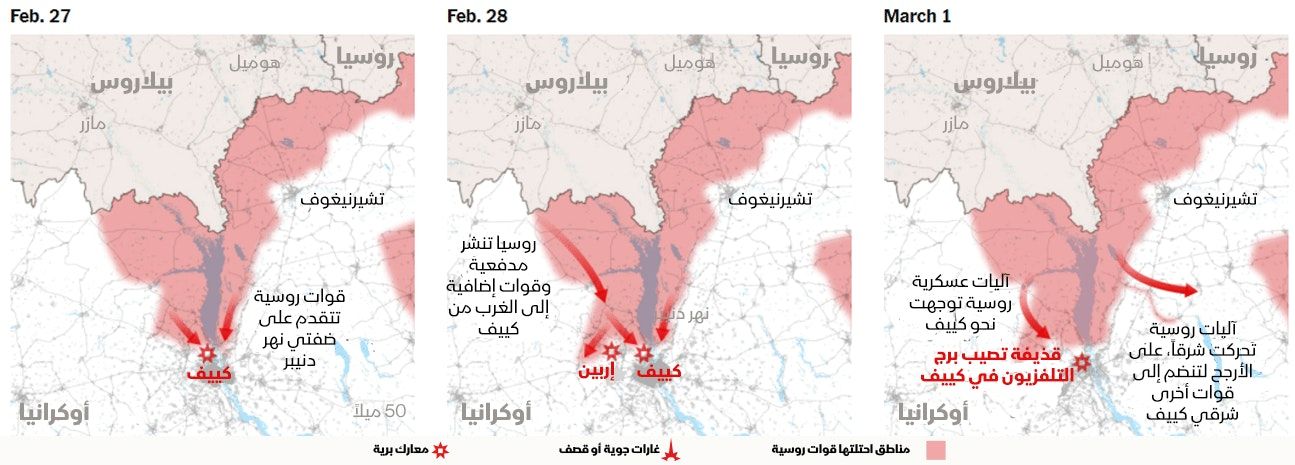 خرائط تظهر استراتيجية القوات الروسية في أوكرانيا خلال الفترة من 27 فبراير إلى 1 مارس 2022 - 