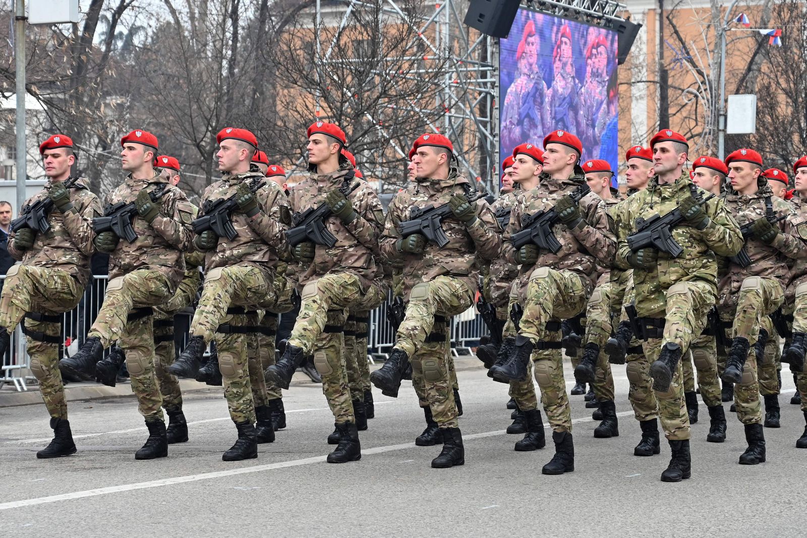 Bosnian Serb police officers take part in a parade marking the 