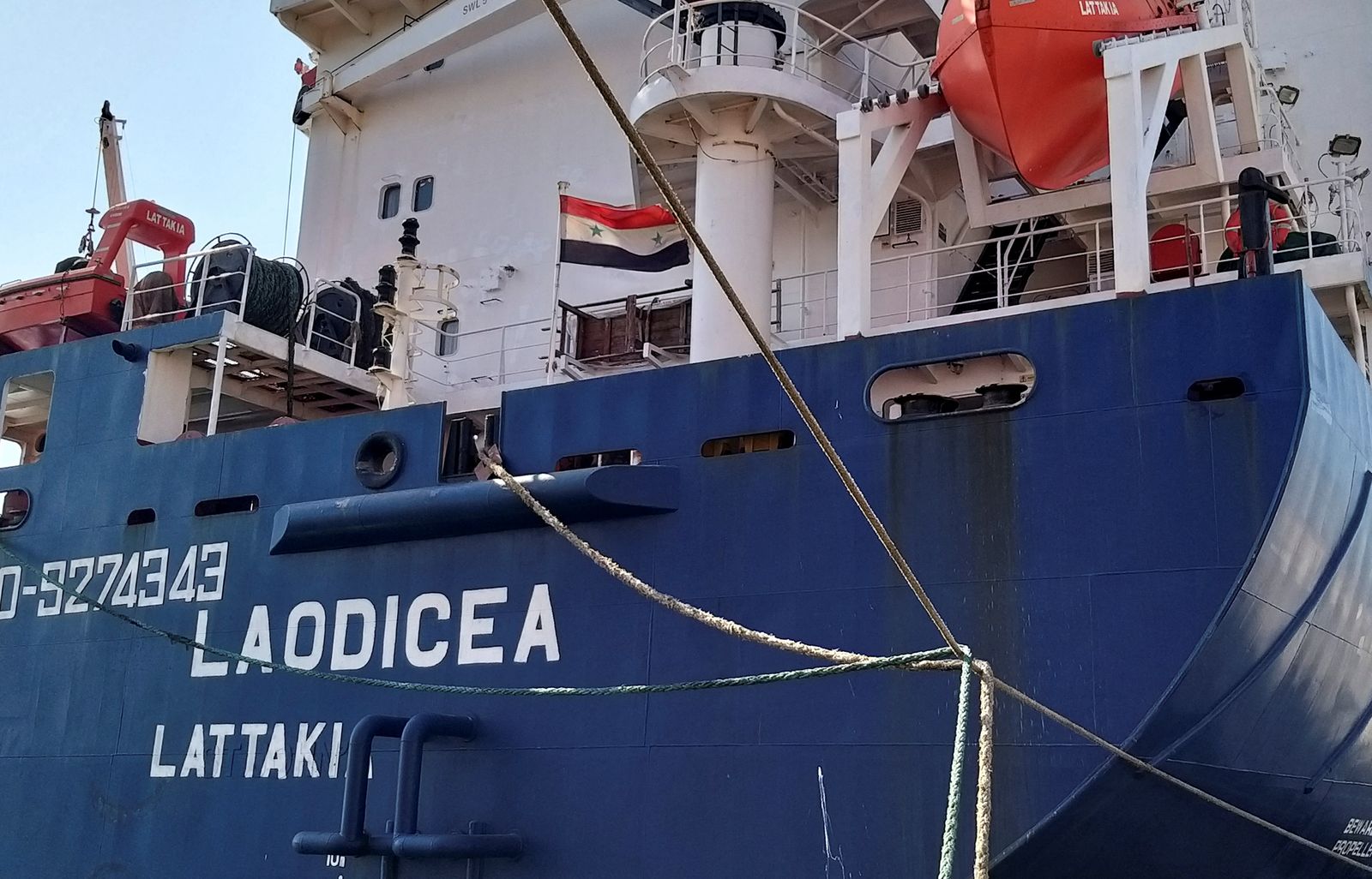 Syrian flag flutters on the ship 