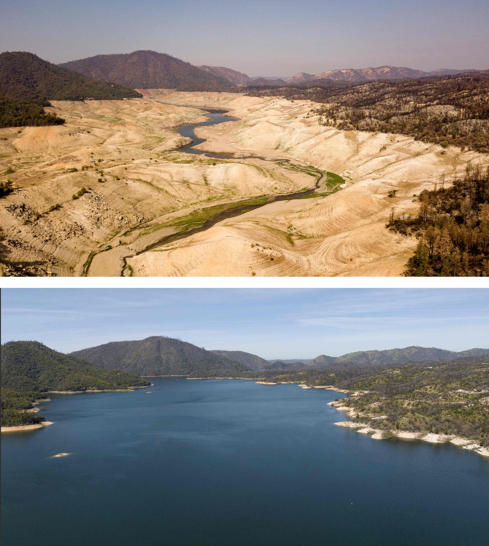 This aerial combination photo created on April 17, 2023, shows Lake Oroville in Oroville, California, on September 05, 2021 (top), and on April 16, 2023 (below). - A very wet winter has left California's reservoirs looking healthier than they have for years, as near-record rainfall put a big dent in a lengthy drought.
A series of atmospheric rivers -- high altitude ribbons of moisture -- chugged into the western United States, dousing a landscape that had been baked dry by years of below-average rain. (Photo by JOSH EDELSON / AFP) - AFP