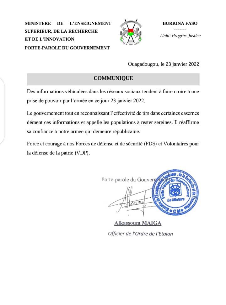 نص إعلان حكومة بوركينا فاسو نبأ إطلاق النار ونفي استيلاء الجيش على السلطة في البلاد - مواقع التواصل الاجتماعي