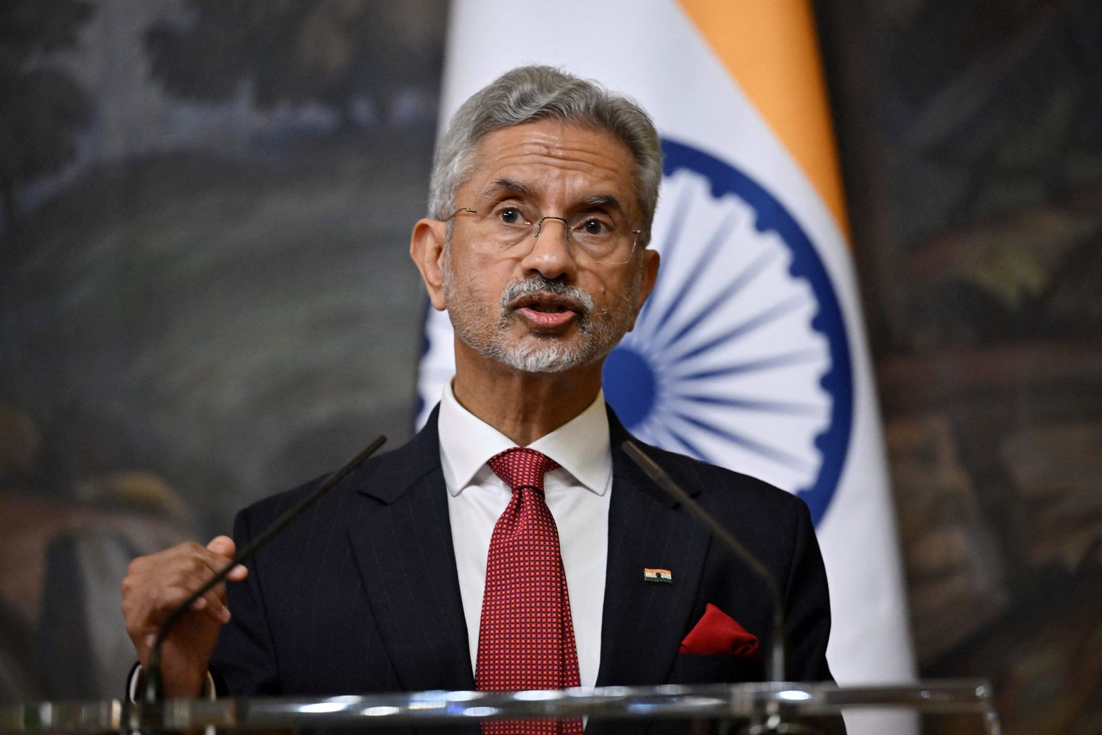 India's Foreign Minister Subrahmanyam Jaishankar speaks during a joint press conference with his Russian counterpart following their talks in Moscow on December 27, 2023. (Photo by Alexander NEMENOV / POOL / AFP)