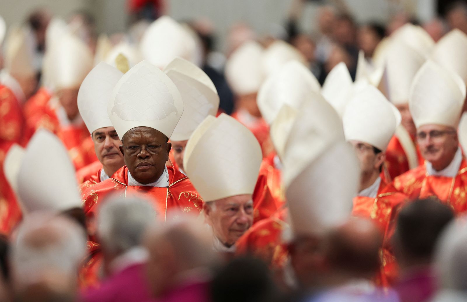 Cardinals attend the Holy Mass, celebrated for the election of the new pope, presided over by the Dean of the College of Cardinals, Cardinal Giovanni Battista Re, in St. Peter’s Basilica, at the Vatican, May 7, 2025. REUTERS/Murad Sezer