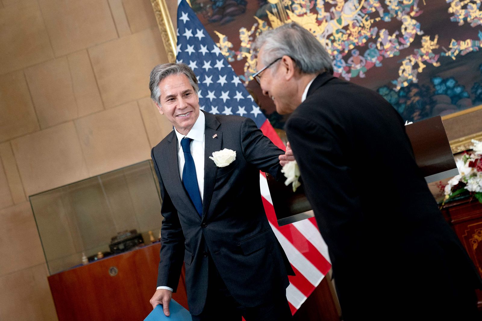 US Secretary of State Antony Blinken (L) and Thailand's Foreign Minister Don Pramudwinai depart after a press conference following a Memorandum of Understanding signing ceremony at the Thai Ministry of Foreign Affairs in Bangkok on July 10, 2022. (Photo by Stefani Reynolds / POOL / AFP) - AFP