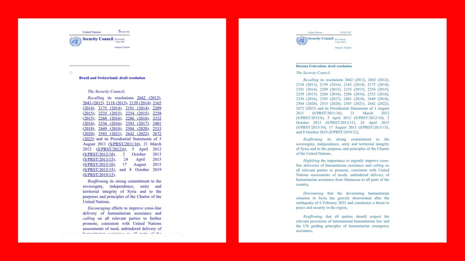 حصلت المجلة على صورة من مشروع القرار الروسي (يمين)، ومشروع القرار المشترك الذي قدمته سويسراوالبرازيل