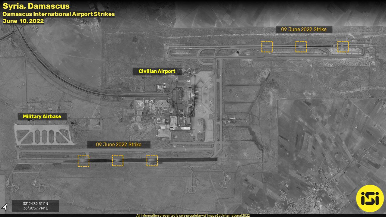 This handout satellite image obtained from ImageSat International (ISI), shows damage to runways at Damascus International Airport on the southeastern outskirts of Syria's capital on June 10, 2022. - A Damascus runway damaged by an Israeli strike that caused the airport to shut down will be operational 