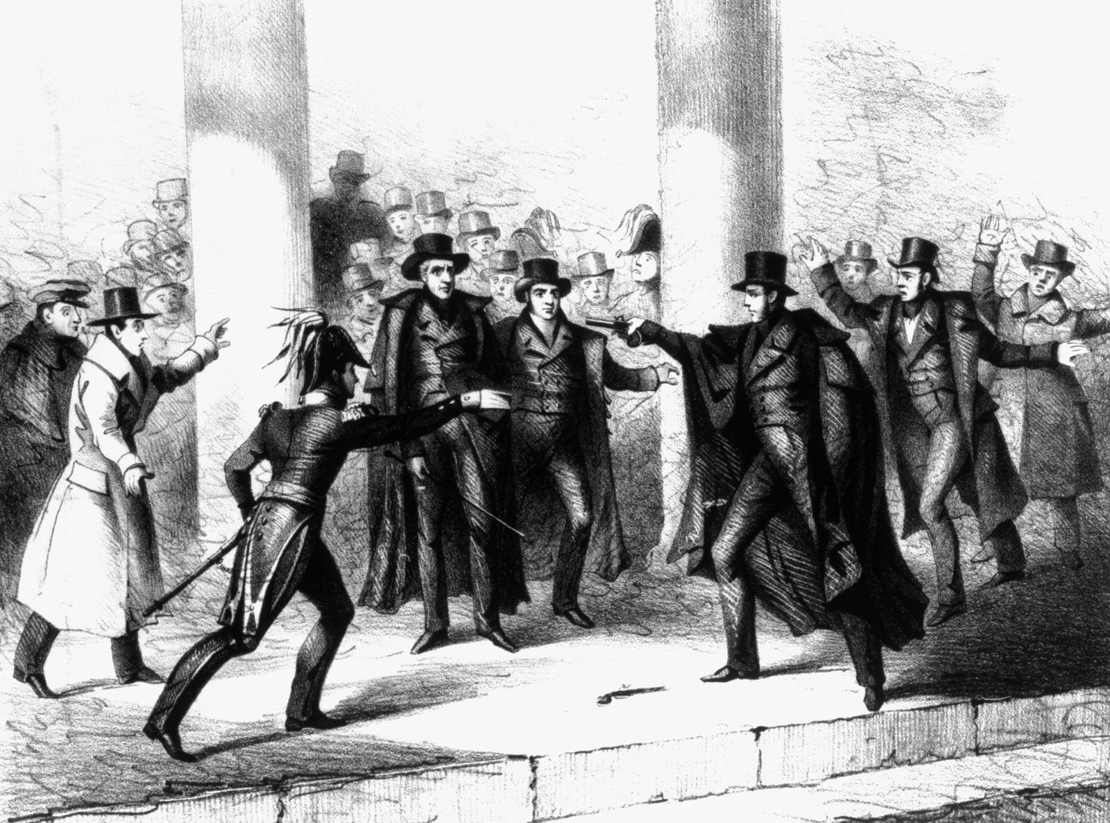 رسم تخيلي لمحاولة الرسام ريتشارد لورانس اغتيال الرئيس أندرو جاكسون بينما كان يغادر مبنى الكابتول، يناير 1835 - Corbis via Getty Images