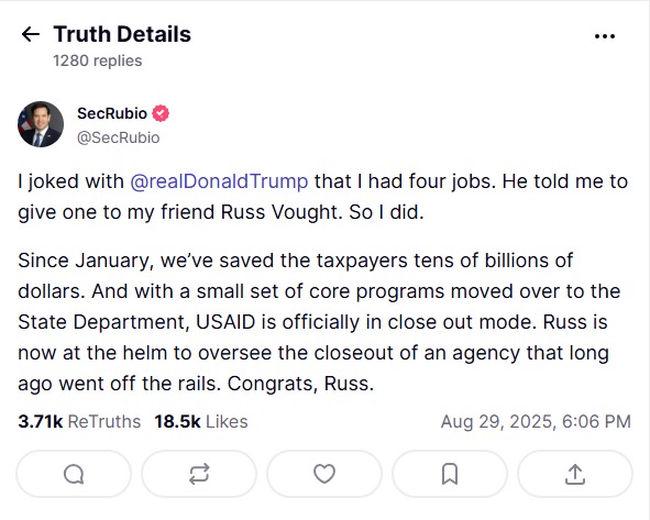 منشور لوزير الخارجية الأميركي ماركو روبيو الذي أعلن فيه تولي روس فوجت إدارة USAID.