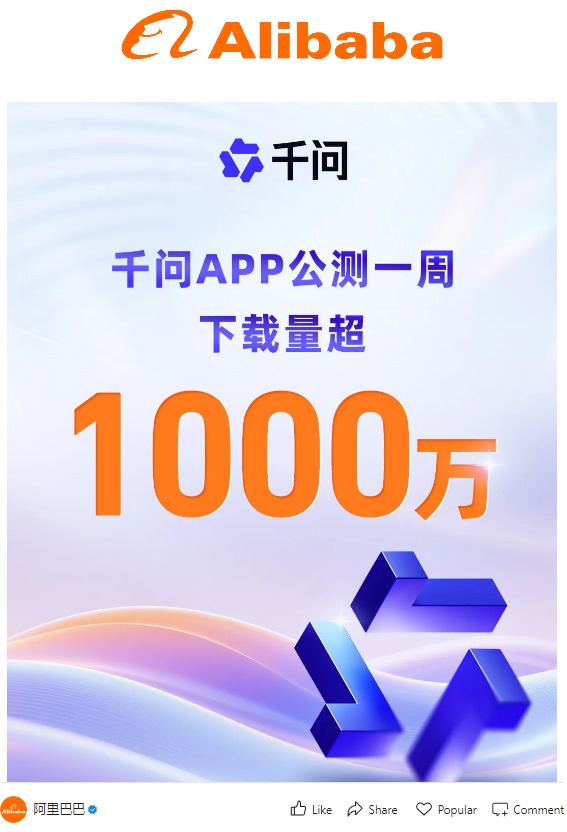 إعلان شركة علي بابا عبر منصة ويبو عن حصد تطبيقها Qwen للذكاء الاصطناعي 10 ملايين تحميل جديد في أسبوع واحد