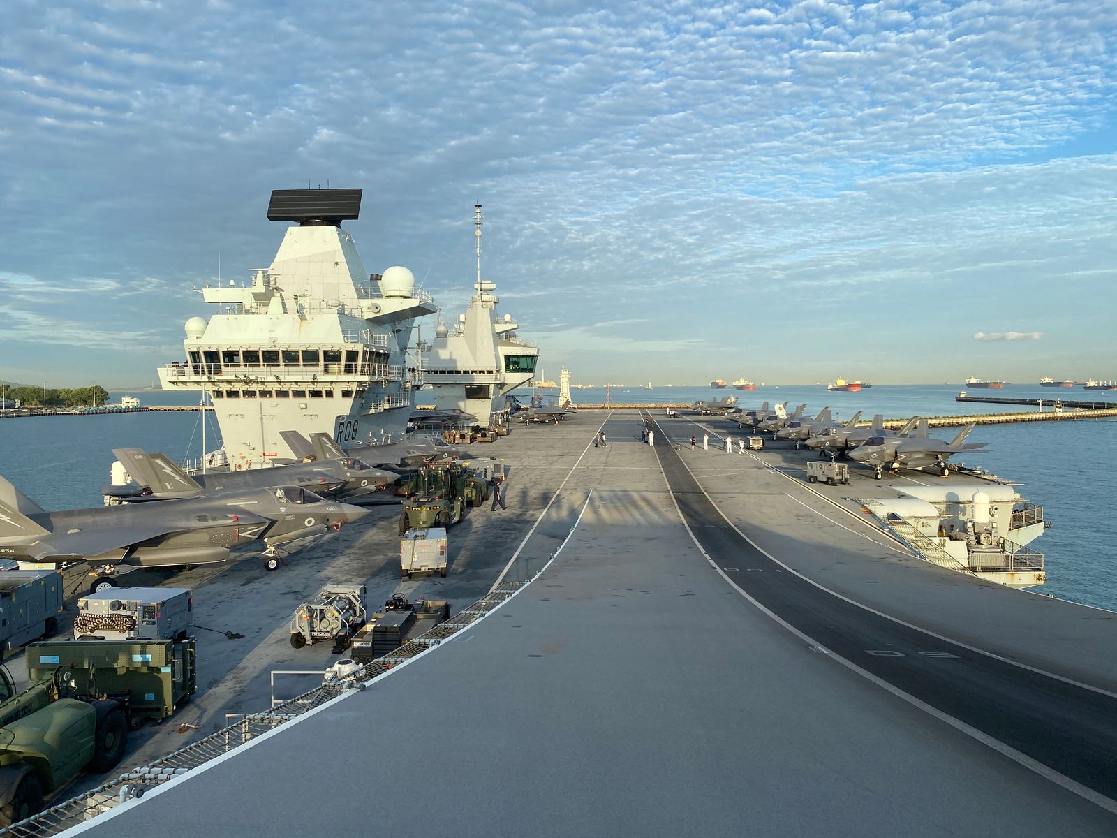 A general view of the flight deck onboard UK Carrier Strike Group�s HMS Queen Elizabeth docked at Changi Naval Base in Singapore on October 11, 2021. (Photo by CATHERINE LAI / AFP) - AFP