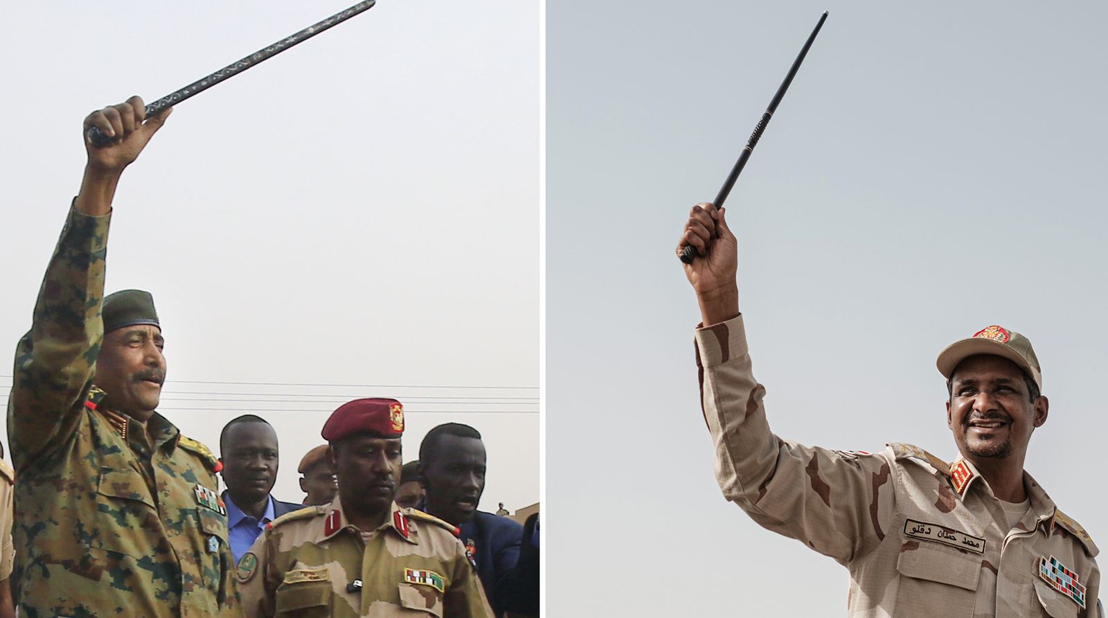 This file picture composite shows General Abdel Fattah al-Burhan (L), the head of Sudan's ruling military council, greeting his supporters in Khartoum's twin city of Omdurman on June 29, 2019 and Sudanese paramilitary commander Mohamed Hamdan Daglo raising up a cane during a meeting with his supporters in Khartoum on June 22, 2019. - Sixteen months since Sudan's top generals ousted a transition to civilian rule, the coup leaders are embroiled in a dangerous power struggle with deepening rivalries within the security forces, analysts warned on April 16, 2023. (Photo by Yasuyoshi CHIBA and Ashraf SHAZLY / AFP) - AFP