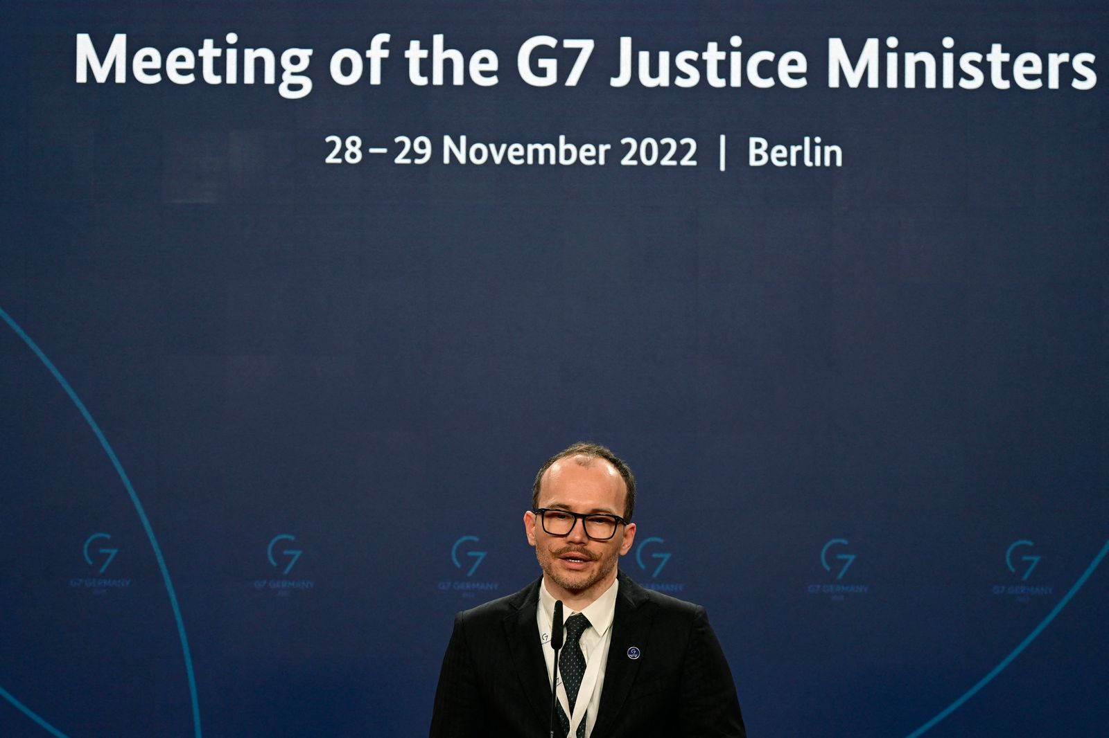 Ukraine's Justice Minister Denys Maliuska addresses journalists at the end of a meeting of the G7 Justice Ministers on November 29, 2022 in Berlin. - The focus of the meeting, the first of its kind, was on the violations of international criminal law committed in Ukraine following Russia's invasion. Russian missile strikes on energy infrastructure in Ukraine constituted a 