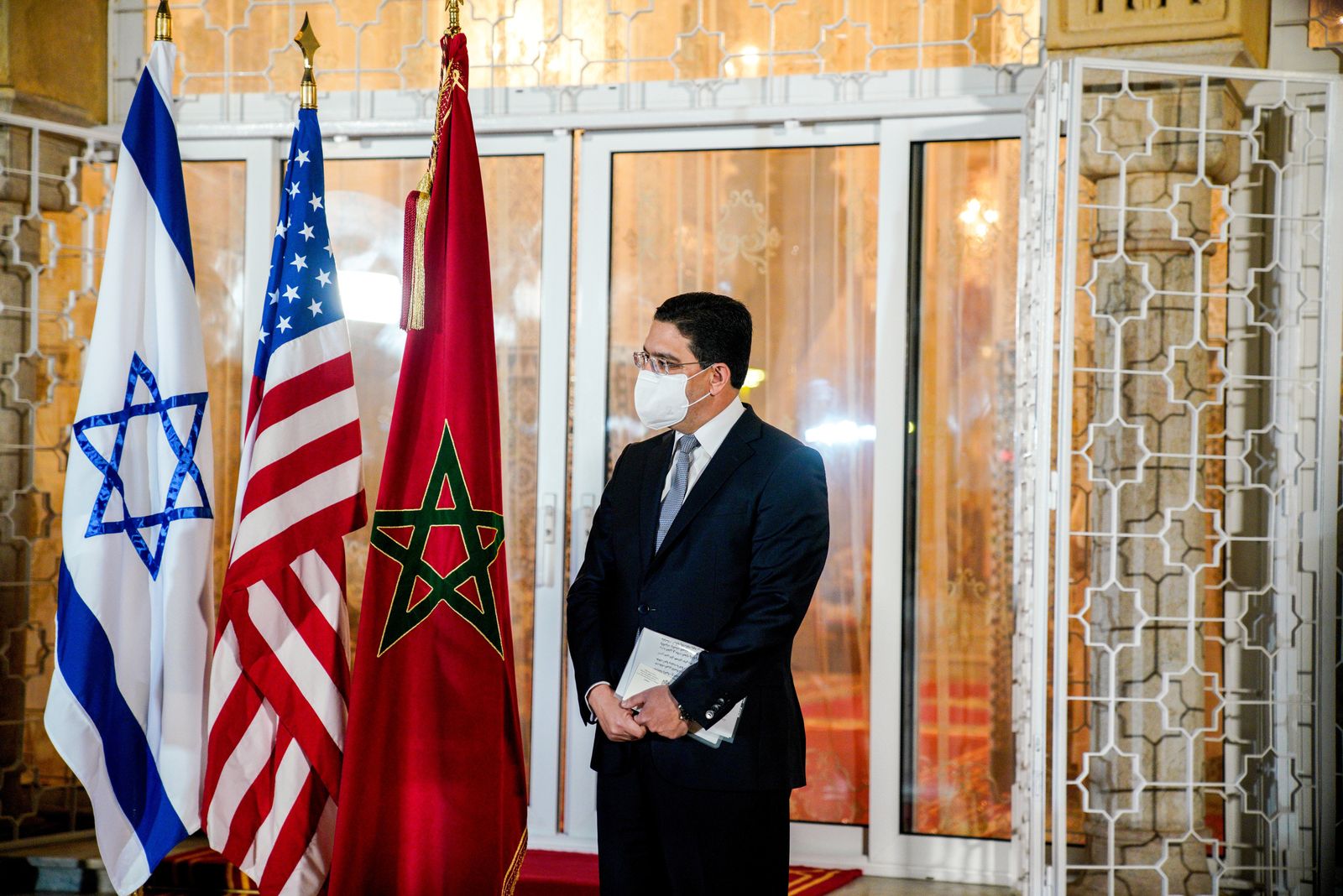وزير الخارجية المغربي ناصر بوريطة خلال زيارة الوفد الإسرائيلي إلى العاصمة المغربية الرباط، 22 ديسمبر 2020 - REUTERS
