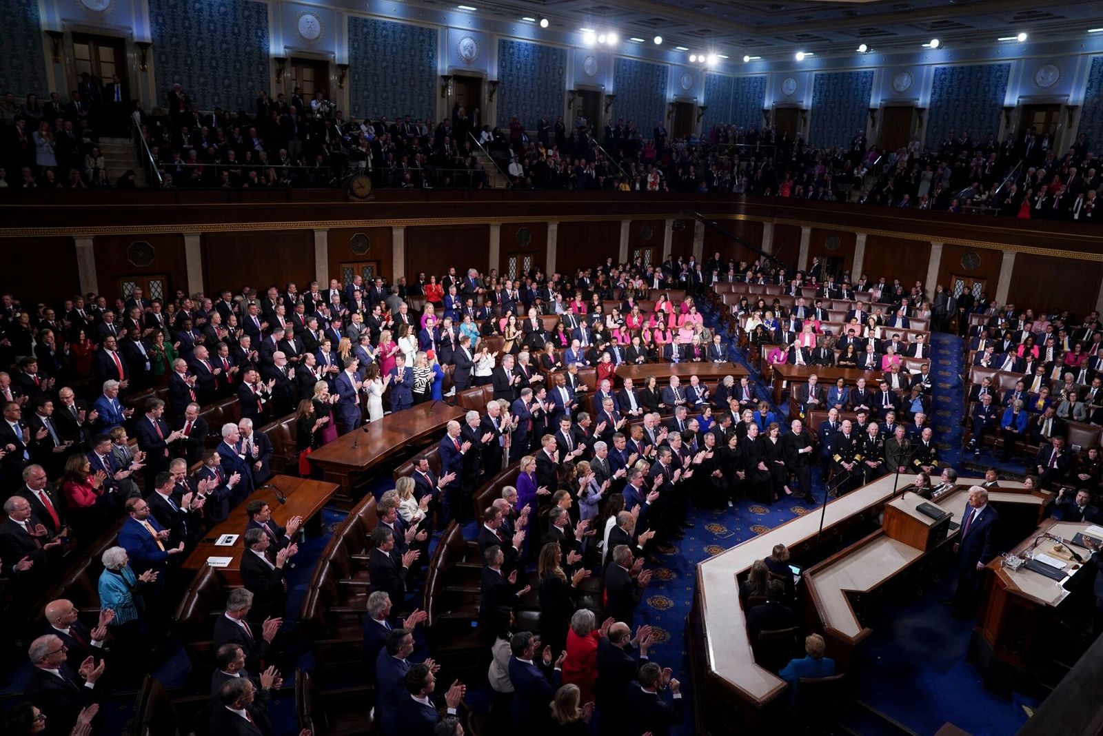 US President Donald Trump, bottom right, during a joint session of Congress in the House Chamber of the US Capitol in Washington, DC, US, on Tuesday, March 4, 2025. Donald Trump's primetime address Tuesday night from Capitol Hill, billed as a chronicle of his 'Renewal of the American Dream,' comes at a critical juncture early in his second term, as voters who elected him to tackle inflation and improve the economy are beginning to weigh the impact of his agenda. Photographer: Al Drago/Bloomberg