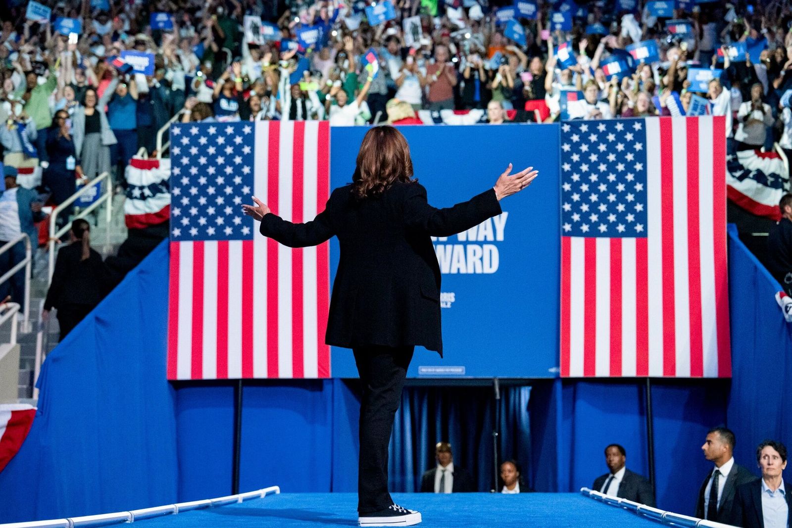 US Vice President Kamala Harris during a campaign event at Bojangles Arena in Charlotte, North Carolina, US, on Thursday, Sept. 12, 2024. Harris is looking to harness the momentum from her strong showing in Tuesday's presidential debate with a tour of key swing states, even as her Republican opponent, Donald Trump, is about to embark on a trip to the West, where he'll be pressed to show donors and supporters a plan to regain his footing. Photographer: Allison Joyce/Bloomberg