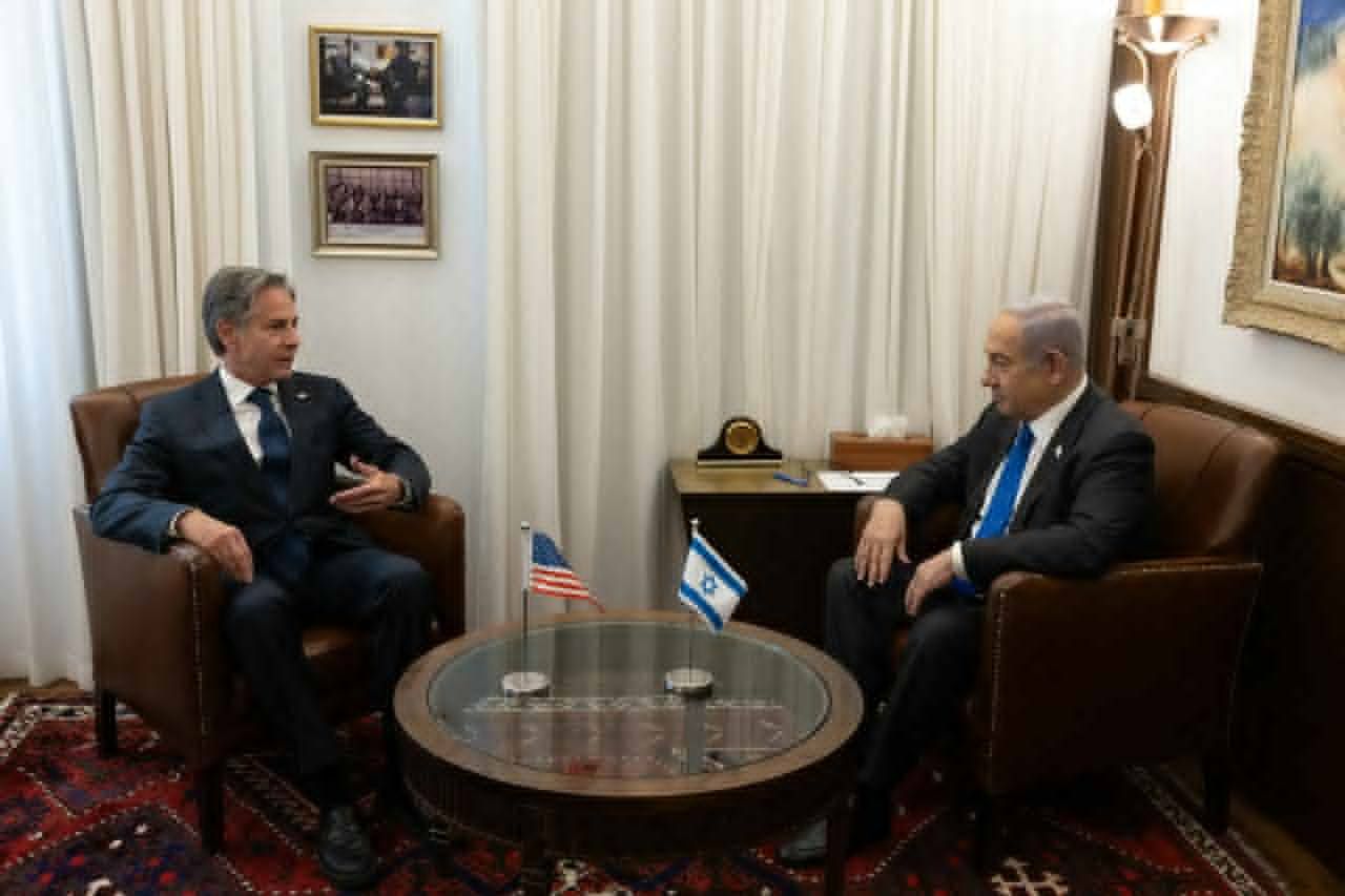 This handout photo released by the US State Department on June 10, 2024, shows US Secretary of State Antony Blinken (L) meeting with Israeli Prime Minister Benjamin Netanyahu in Jerusalem on June 10, 2024. Blinken landed in Israel on June 10 to promote a Gaza truce and hostage release plan as Israeli bombardment again rocked the Palestinian territory. (Photo by Chuck KENNEDY / US State Department / AFP) / RESTRICTED TO EDITORIAL USE - MANDATORY CREDIT 'AFP PHOTO / US STATE DEPARTMENT ' - NO MARKETING - NO ADVERTISING CAMPAIGNS - DISTRIBUTED AS A SERVICE TO CLIENTS