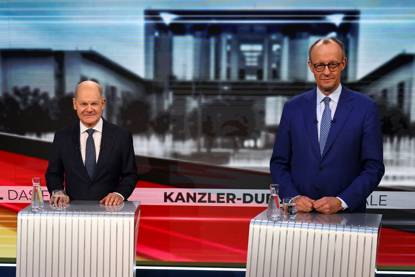 ATTENTION EDITORS - EMBARGOED FOR PUBLICATION UNTIL FEBRUARY 19, 2025 AT 21:15 CET 20:15 GMT.  German Chancellor of the Social Democratic Party (SPD), Olaf Scholz and his conservative rival of the Christian Democratic Union (CDU) Friedrich Merz are pictured in a WELT TV studio ahead of a TV debate between Scholz and Merz, in Berlin, Germany, February 19, 2025. REUTERS/Fabrizio Bensch/Pool