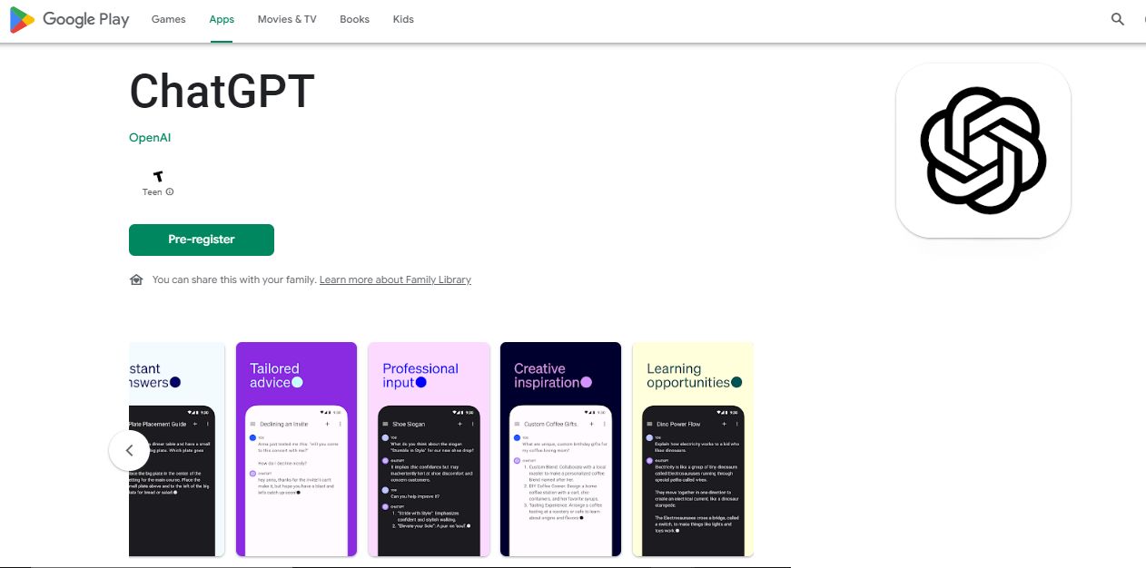 الصفحة الرسمية لتطبيق شات جي بي تي على متجر بلاي ستور - OpenAI