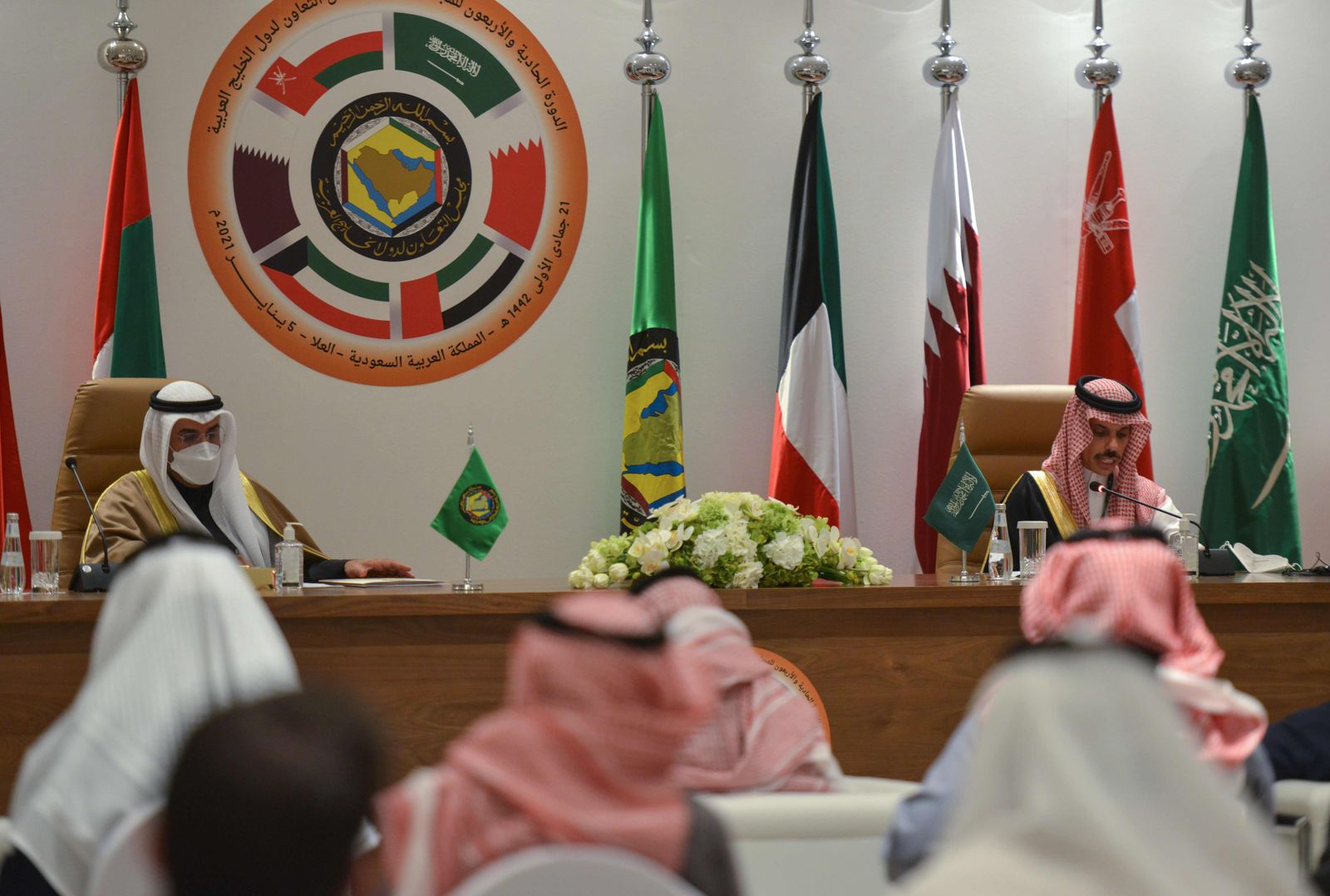 Saudi Foreign Minister Prince Faisal bin Farhan al-Saud (R) and Secretray General of the Gulf Cooperation Council Nayef bin Falah Al-Hajraf, hold a press conferece at the end of the GCC's 41st summit, in the city of al-Ula in northwestern Saudi Arabia on January 5, 2021. - Gulf leaders signed a 