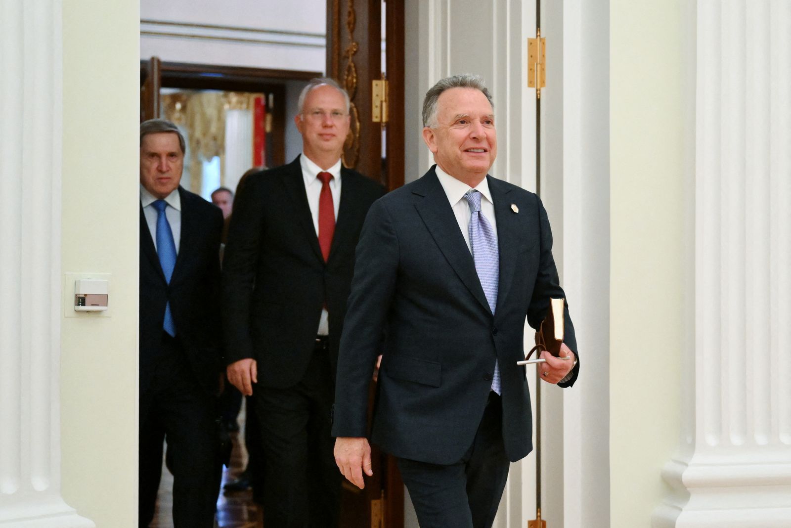 U.S. President Donald Trump's envoy Steve Witkoff, head of the Russian Direct Investment Fund Kirill Dmitriev and Kremlin aide Yuri Ushakov attend a meeting with Russian President Vladimir Putin in Moscow, Russia, April 25, 2025. Sputnik/Kristina Kormilitsyna/Pool via REUTERS ATTENTION EDITORS - THIS IMAGE WAS PROVIDED BY A THIRD PARTY.