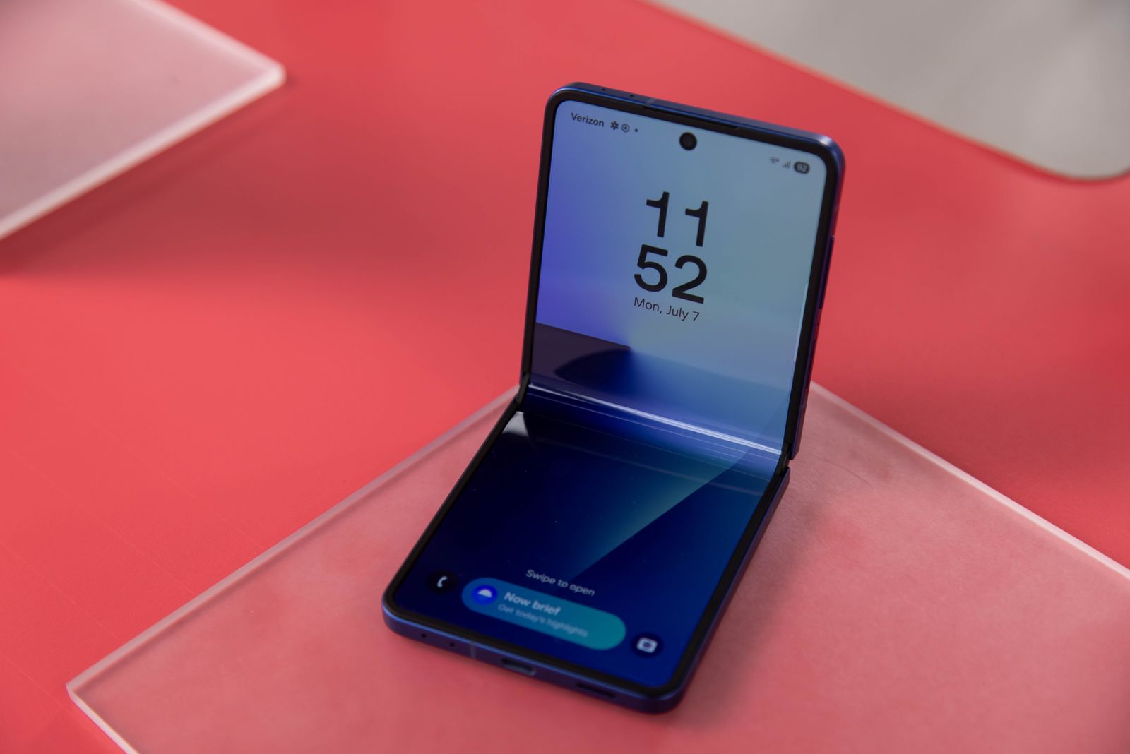 A Samsung Galaxy Z Flip 7 smartphone during a media event ahead of Galaxy Unpacked at the Brooklyn Navy Yard in New York, US, on Monday, July 7, 2025. Samsung Electronics Co. unveiled two upgraded smartwatches and new artificial intelligence software in its latest attempt to stand out in a crowded market led by Apple. Photographer: Michael Nagle/Bloomberg