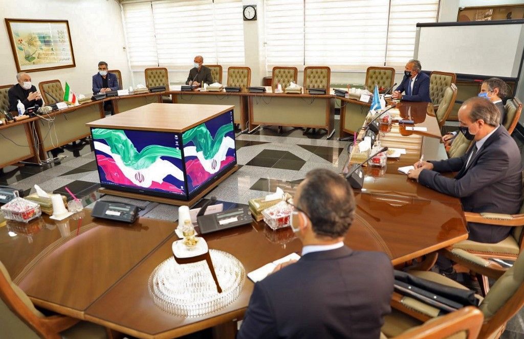 مدير الوكالة الدولية للطاقة الذرية رافاييل غروسي (يمين) ورئيس المنظمة الإيرانية للطاقة الذرية علي أكبر صالحي (يسار) خلال لقائهما في طهران - 25 أغسطس 2020 - AFP