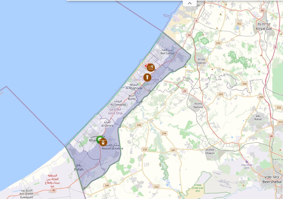 خريطة تفاعلية ترصد التطورات الأمنية والميدانية في قطاع غزة. - المصدر: israelpalestine.liveuamap.com