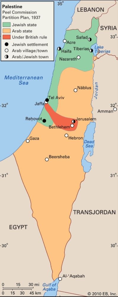 خريطة تقسيم فلسطين عام 1937 التي أقترحتها لجنة تقصي الحقائق البريطانية 'لجنة بيل' عام 1937 وتظهر باللون الأصفر دولة عربية بنسبة 75% وباللون الأخضر دولة يهودية بنسبة 25%