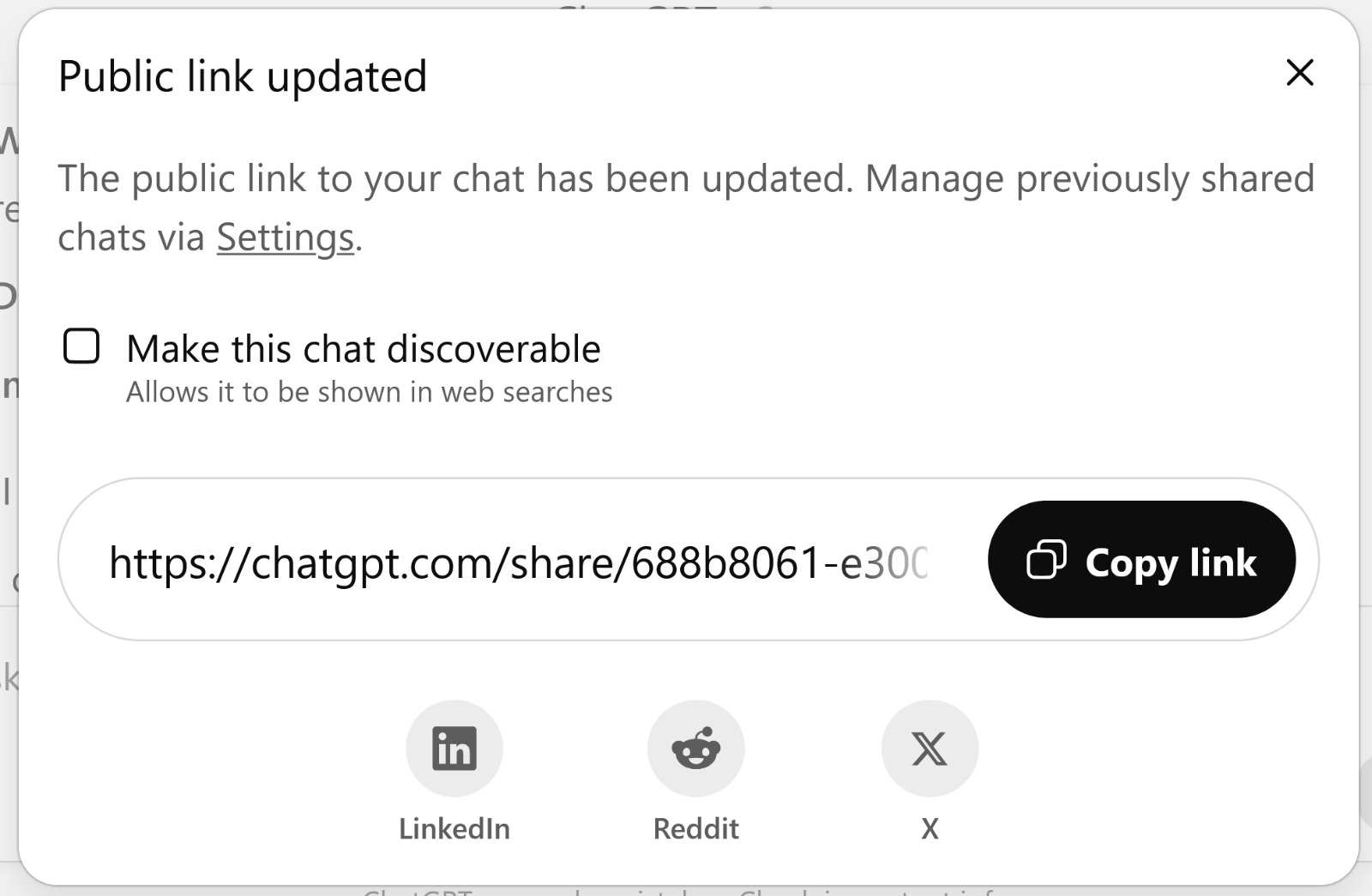 مربع حواري داخل موقع ChatGPT يظهر عند إنشاء رابط لمشاركة محادثة